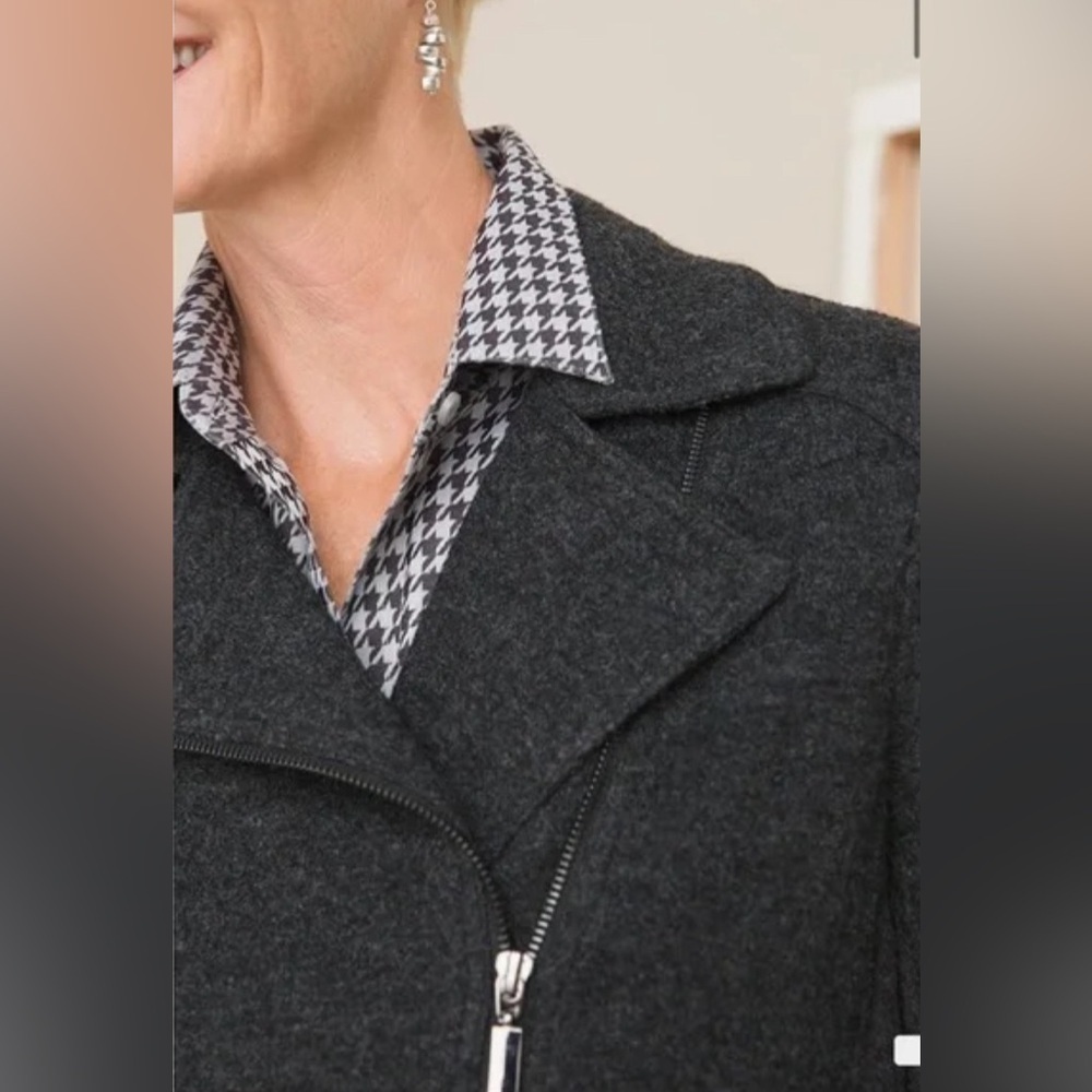 CHICOS Gray Boiled Wool Blend Knit Zip Front Moto Biker Jacket Coat Size Medium - Picture 3 of 15